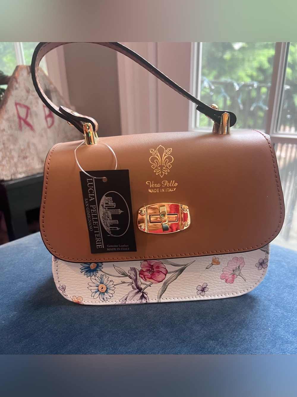 NWT Lucia Pelletterie Italian Leather Floral Top Handle Bag Vera Pelle